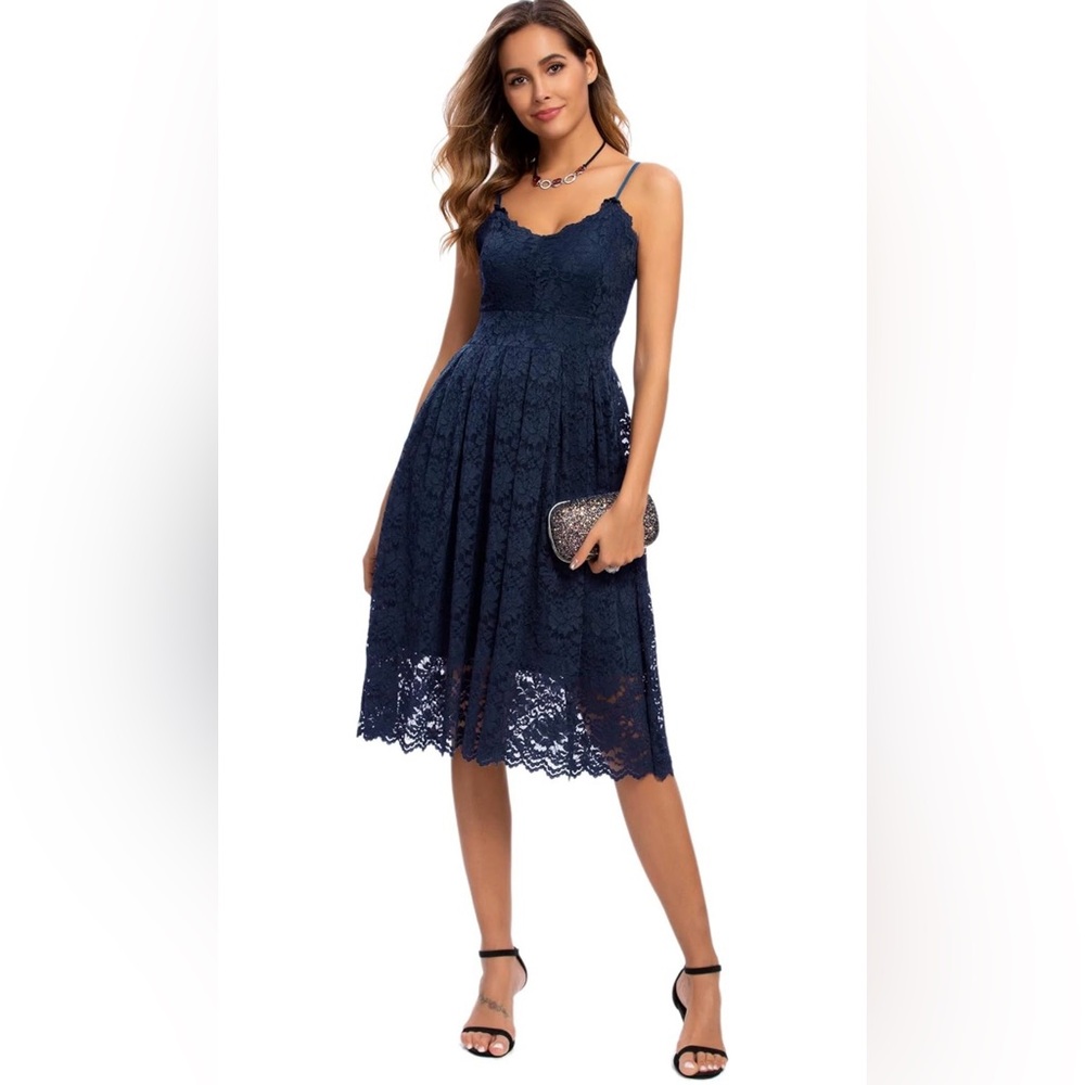 Aalavula Navy Blue Floral Lace V-Neck A-Line‎ Cocktail Dress Spaghetti Strap NWT